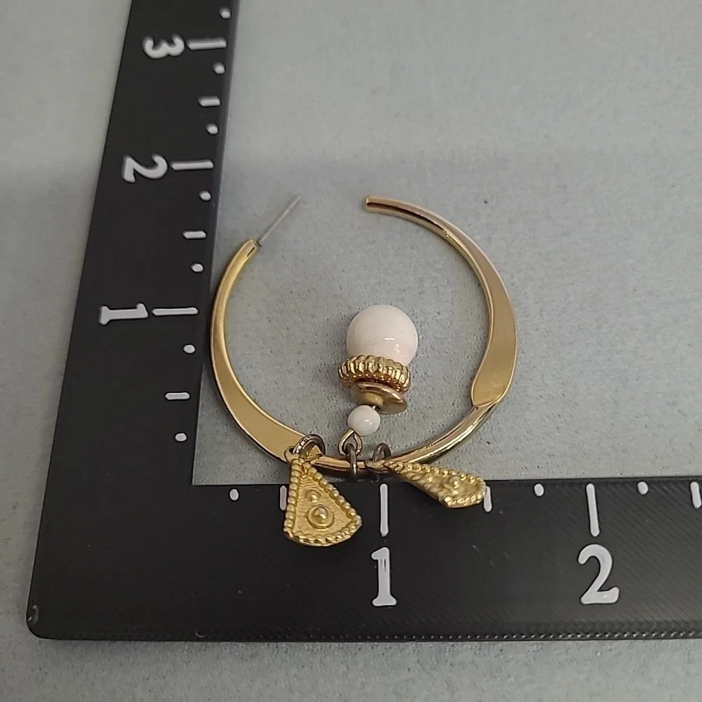 Vintage Hoop Earrings Woman Gold Tone White Bead Dangle Charms Boho Statement